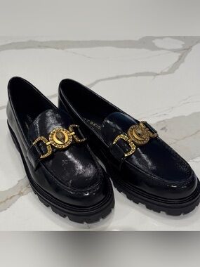 Kurt Geiger Black Patent Leather Loafers with Gold Hardware size 8.5